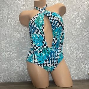 Gianni Bini Plunge One Piece Tropical Swimsuit Wrap Houndstooth Palm Leave Large